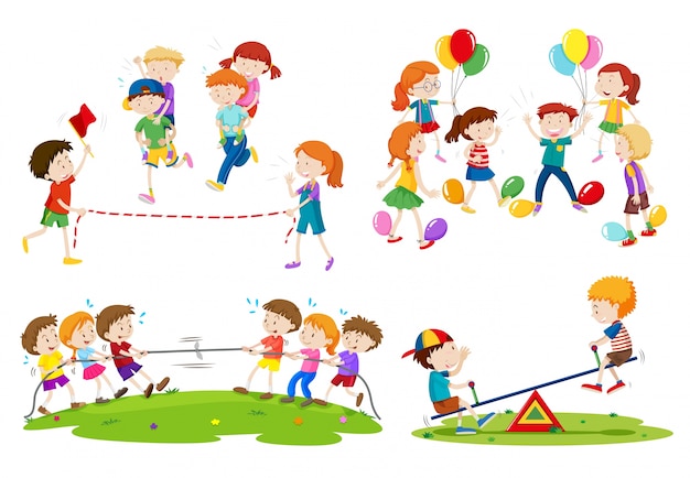 Vector children playing different games illustration