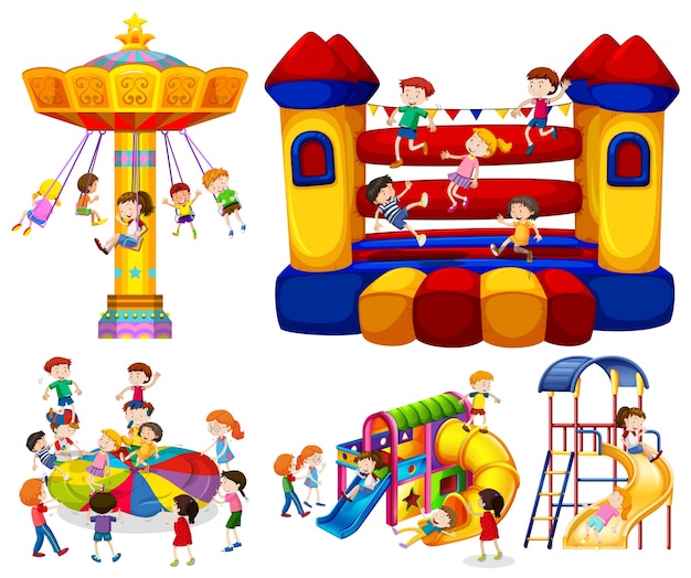 Vector children playing on different rides illustration