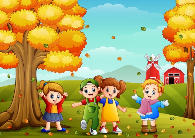 Bambini che giocano nel paesaggio della fattoria in autunno | Vettore Premium