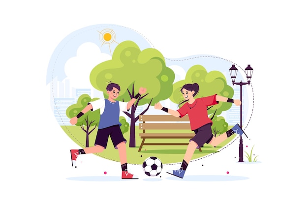 ベクトル 公園でサッカーをしている子供たち
