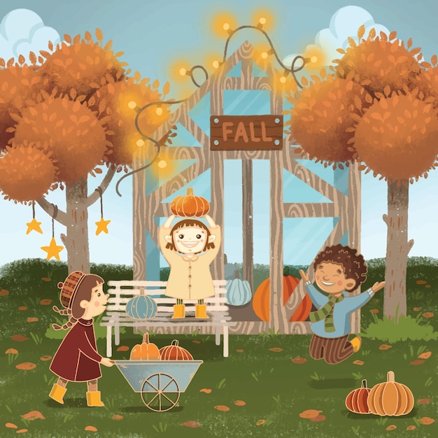 カボチャの納屋と秋の木々のイラストの前で遊ぶ子供たち