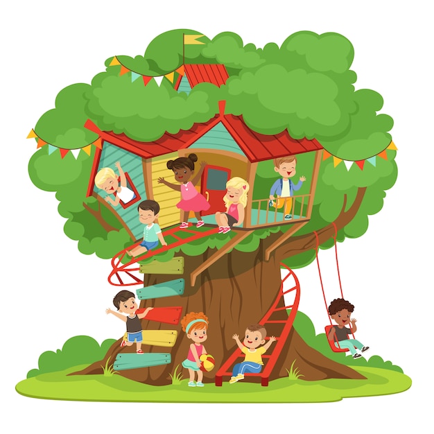 Children playing and having fun in the treehouse, kids playground with swing and ladder colorful detailed  Illustration on a white background