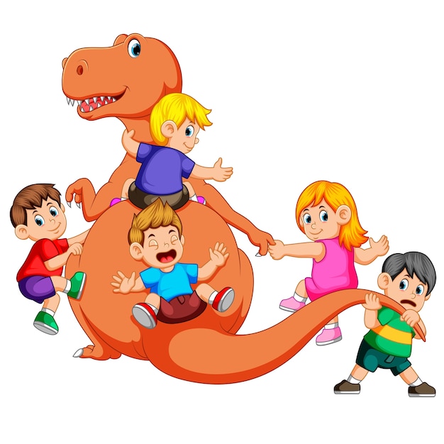 children playing and holding the Tyrannosaurus Rex's body 