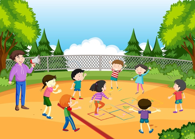 Children playing hopscotch game at the park