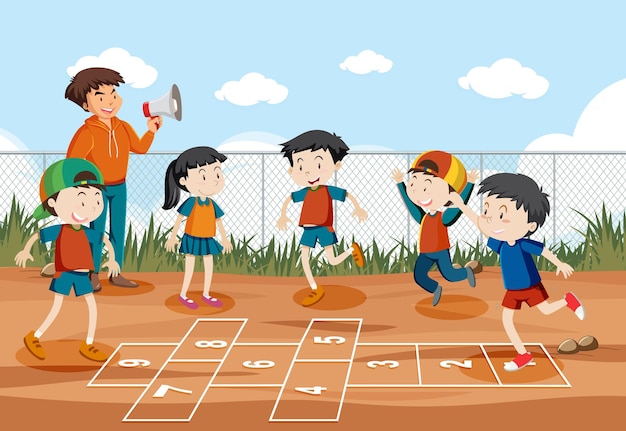 Vector children playing hopscotch game at the park