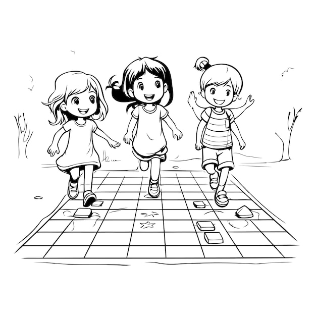 Illustrazione vettoriale di bambini che giocano a hopscotch sul parco giochi