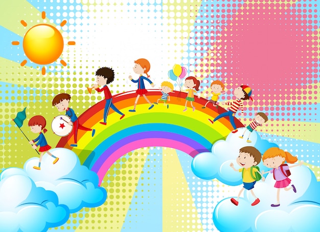 Vector children playing music in band over the rainbow