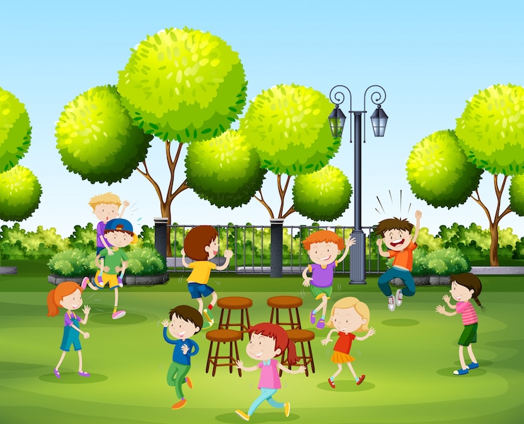 Vector children playing music chair in the park