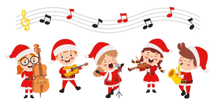 Vector クリスマスの衣装で音楽を演奏する子供たち