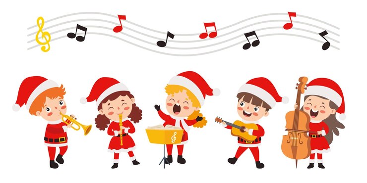 Vector クリスマスの衣装で音楽を演奏する子供たち
