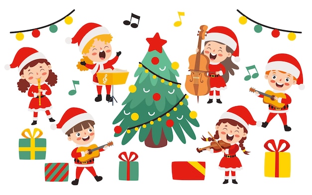 Children Playing Music In Christmas Costume