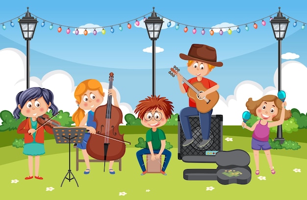 Vector children playing music in the park