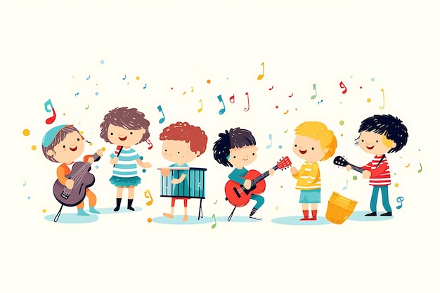 Children Playing Music White Background