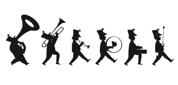 Children playing musical instruments in the marching Silhouettes premium vector template