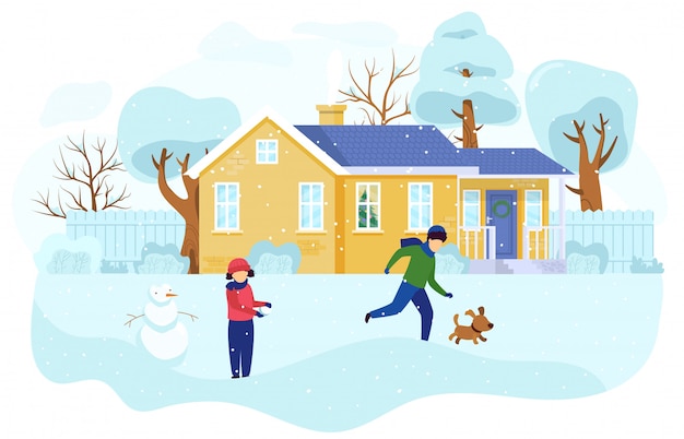 Children playing outdoors in winter, kids building snowman, people illustration