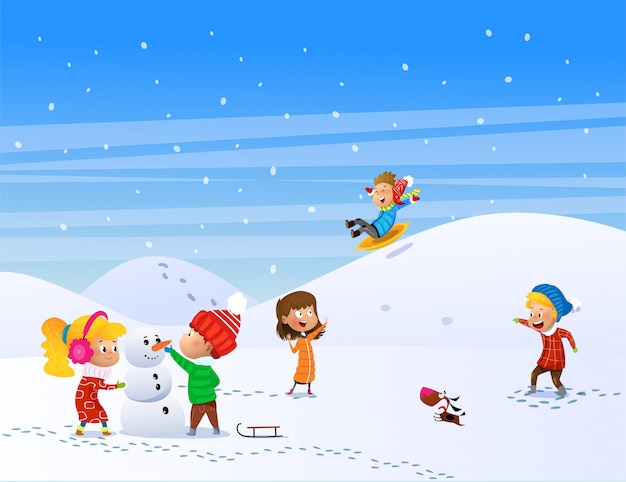 Vector children playing outdoors in winter