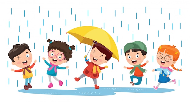 Children playing outside under the rain