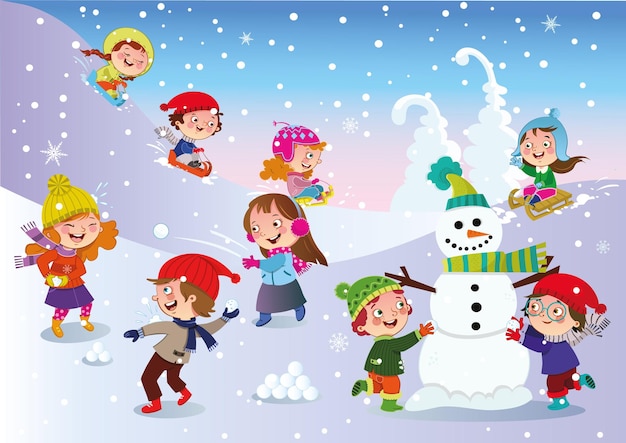 Children playing outside in winter vector illustration