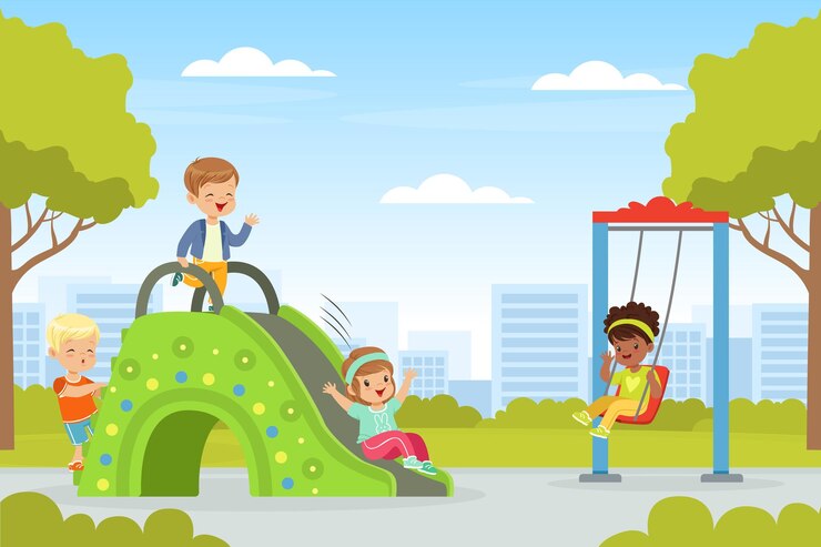 Vector children playing on playground in city park with slide and swings vector illustration