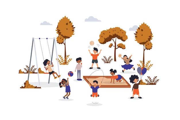 Vettore bambini che giocano sul concetto di parco giochi con la scena del personaggio per il web ragazzi e ragazze giocano nella sandbox swing saltando la corda situazione delle persone nel design piatto illustrazione vettoriale per materiale di marketing