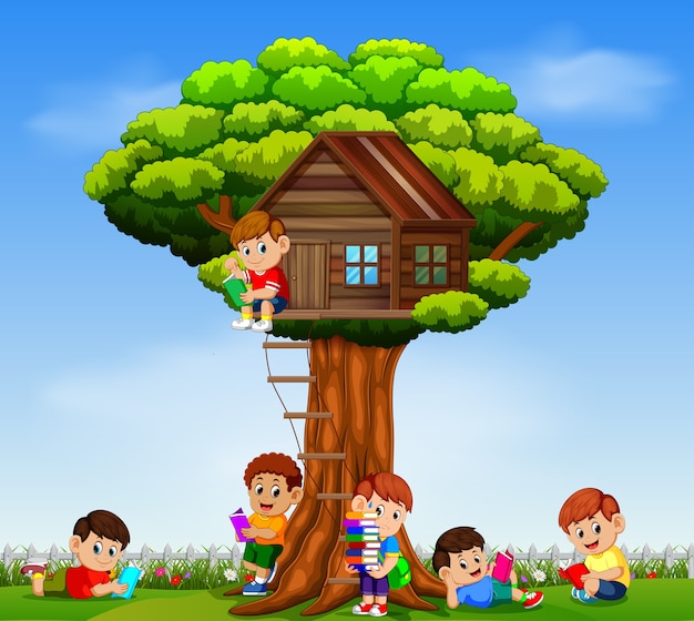 Children playing and reading the book in the garden on the tree house