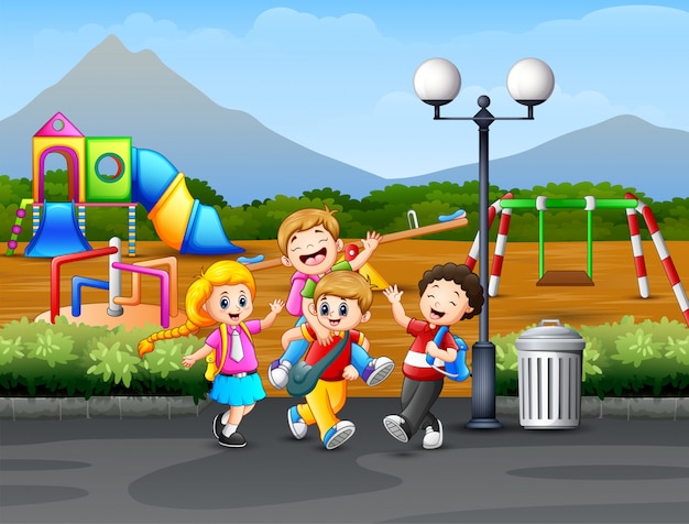 Children playing on the road with playground background