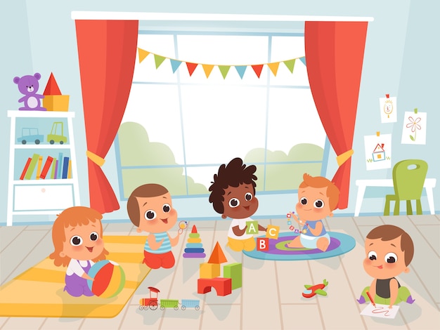 Vector children playing room. little new born or 1 years baby with toys indoors kids characters