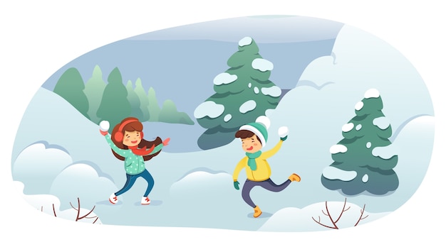 Children playing snowballs cartoon illustration. Winter entertainment, outdoor activity, leisure, active rest concept.