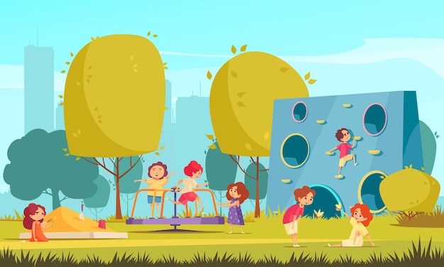 Children playing in summer city park flat illustration