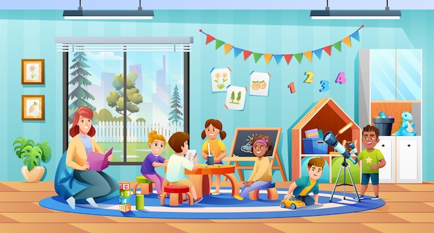 Vector children playing together in kindergarten classroom vector illustration