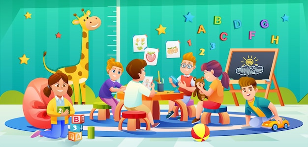 Premium Vector | Children playing together in kindergarten room cartoon illustration Premium Vector | Children playing together in kindergarten room cartoon illustration