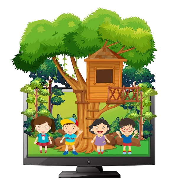 Дети играют в домике на дереве