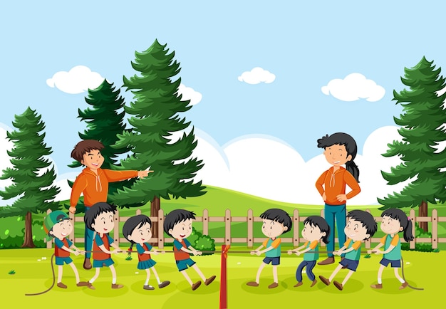 Vector children playing tug of war game