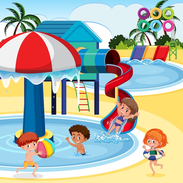Vector children playing at a waterpark