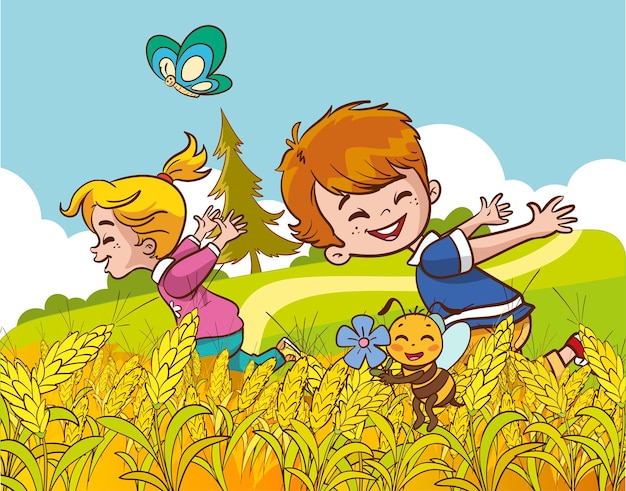 Vettore bambini che giocano nel campo di grano illustrazione vettoriale di bambini che giocano nel campo di grano