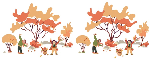 Vector children playing with autumn leaves and acorns in the park