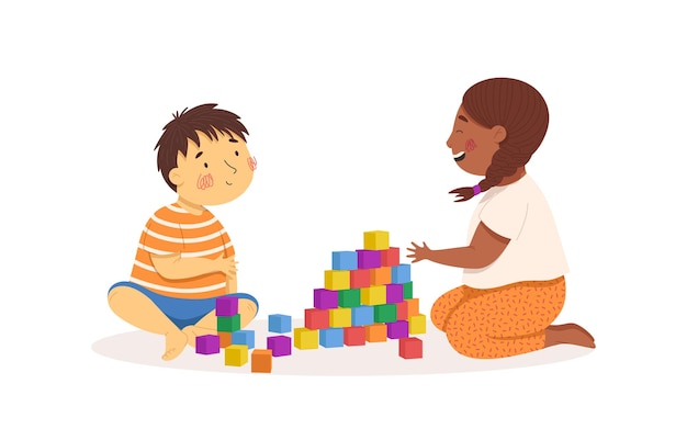 Bambini che giocano con i blocchi multiculturalità e diversità illustrazione vettoriale attività estive bambini che giocano all'aperto personaggio divertente isolato su uno sfondo bianco