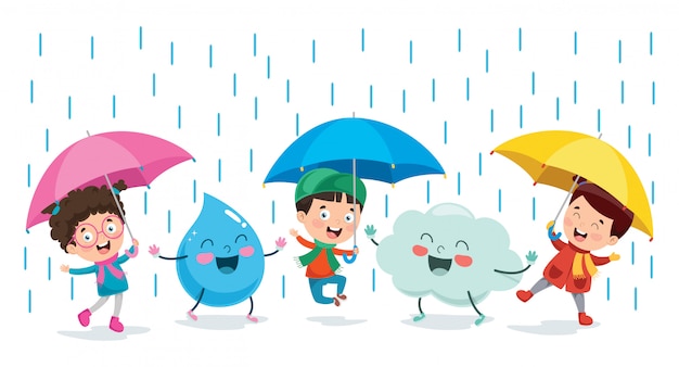 Children playing with cloud and rain drop character