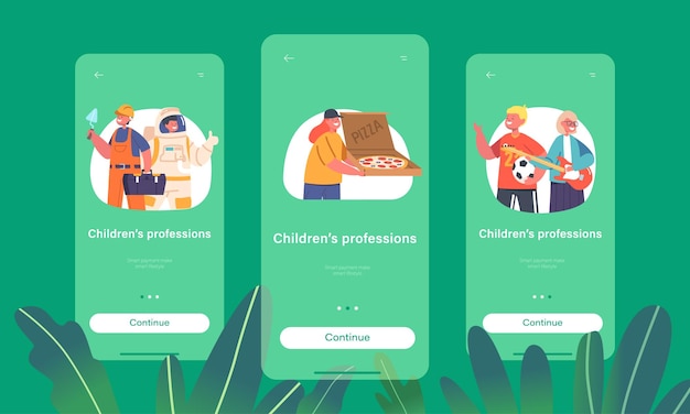 子供の職業 モバイルアプリページ オンボード画面テンプレート キッズビルダー ピザ宅配便 宇宙飛行士 フットボール選手