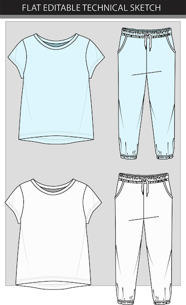 Vector children pullover tops and pants flat sketch vector file