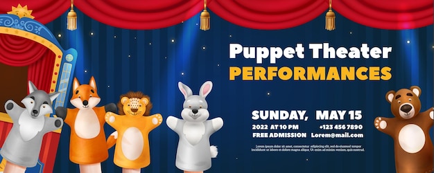 Vector children puppet theater performance horizontal ads poster with animal hand toys realistic vector illustration