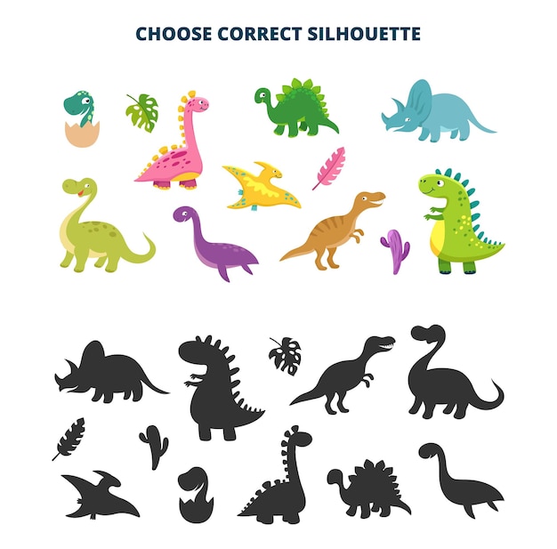 Children puzzle with dinosaur Choose dino silhouette trex or pterodactyl Cartoon cute dinosaurs and black shapes Isolated prehistoric vector characters