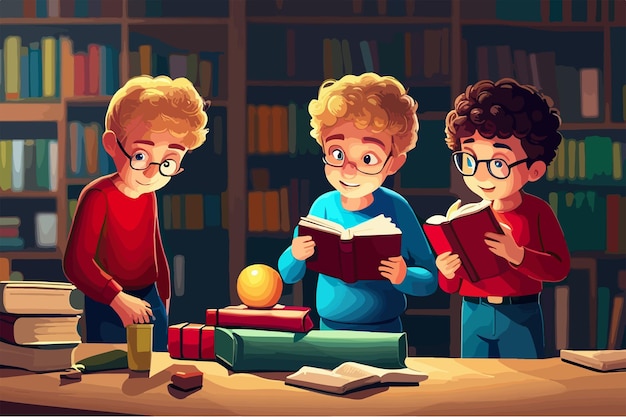 ベクトル 子供たちは図書館で本を読むベクトルイラスト子供たちはアテネウムで勉強する眼鏡をかけた賢い少年たち