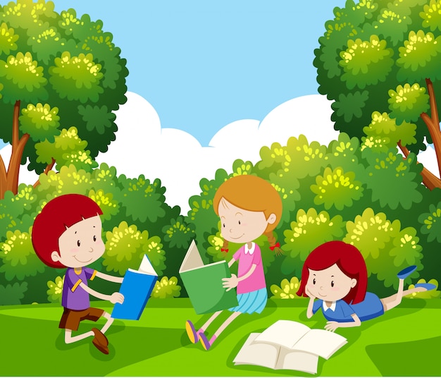 Vector children reading a book under tree