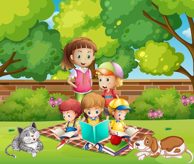 정원에서 책을 읽는 아이들