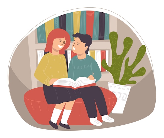 Children reading books preparing for lessons pupils making project together Boy and girl sitting in library studying for classes Classmates by textbooks put on shelves Vector in flat style