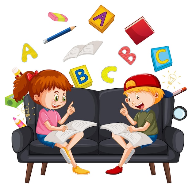 Children reading books on white background