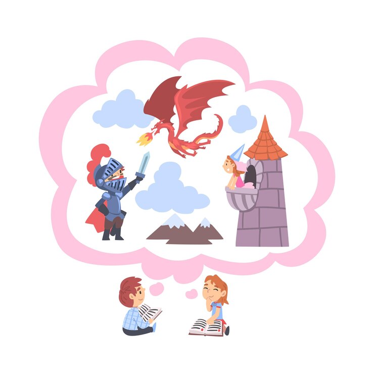 Vector children reading fairy tail fantasy books about knight and dragon kids imagination concept fairy