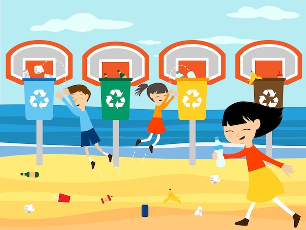 Children recycle clean beach Children recycle playing at basket with recycling bin vector