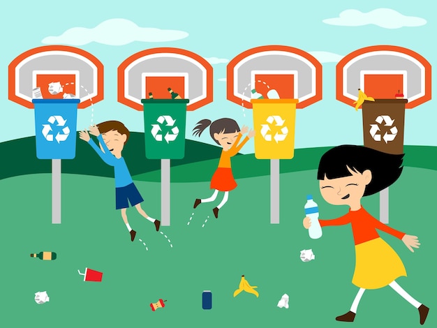 Children recycle playing at basket with recycling bin vector illustration for eco green education